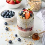 Overnight oats refrigerated with berries and chia in a glass jar