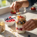 layering gelified oat parfait with oats, fruit, and yogurt in a jar