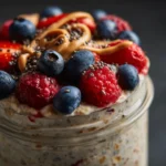 high protein overnight oats in jar with toppings