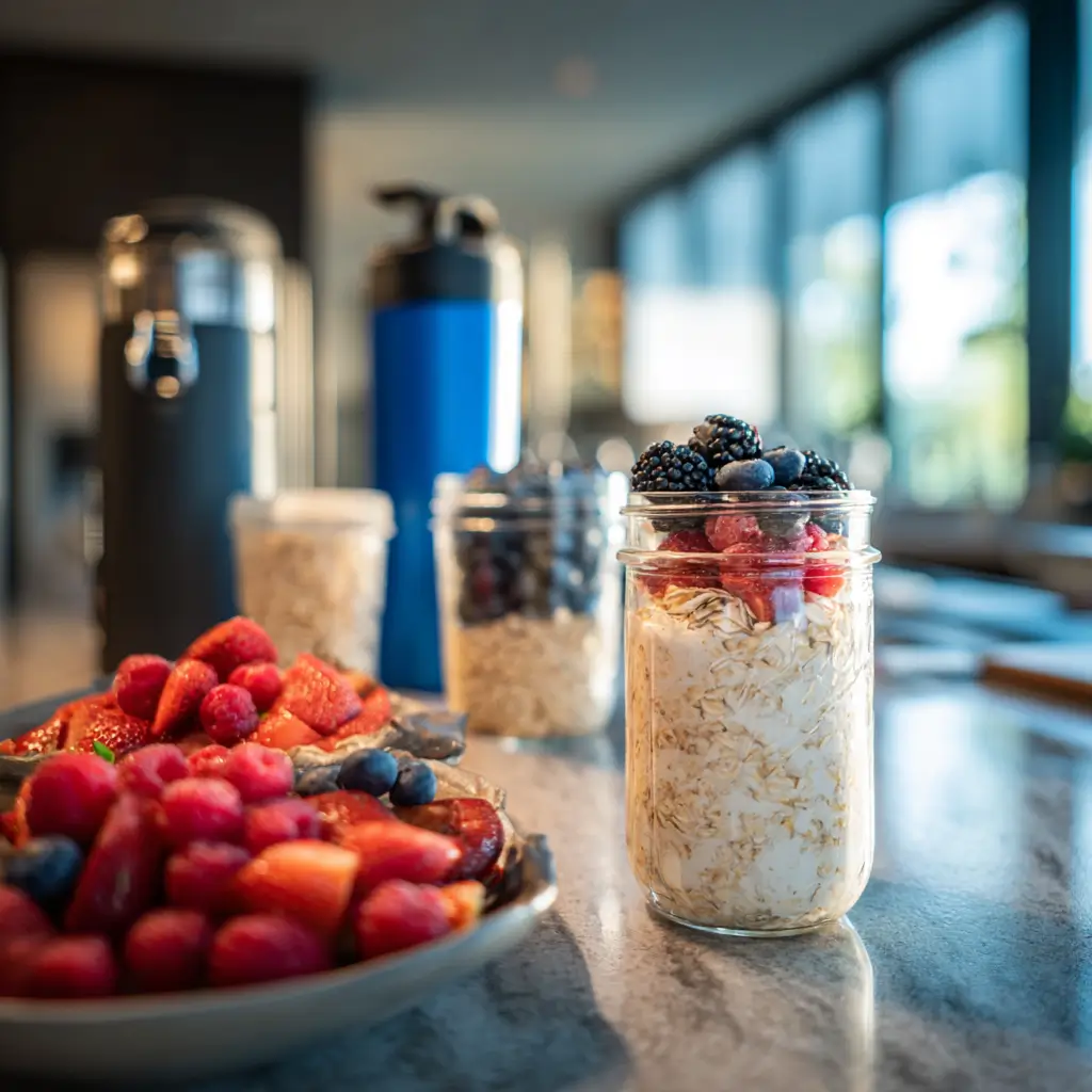 Athlete meal prepping overnight oats for gym on kitchen counter