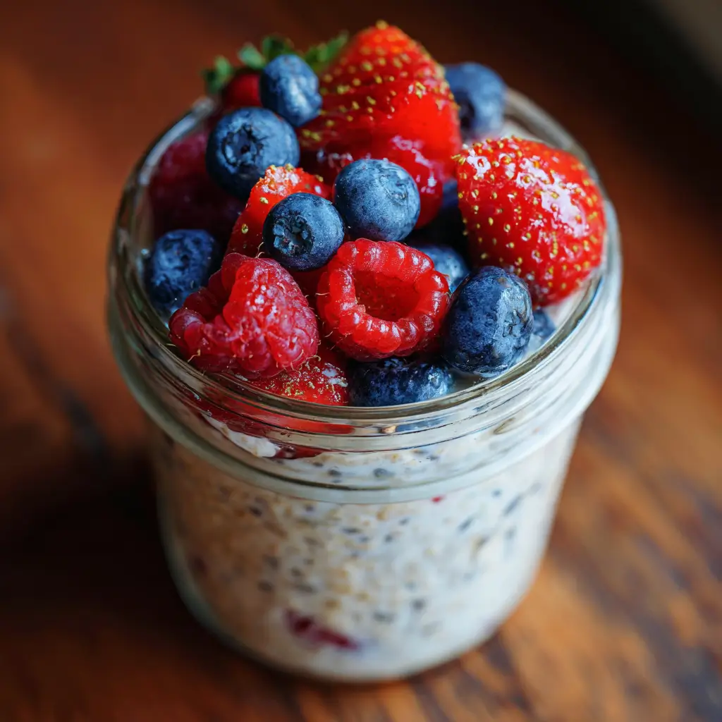 Berry gluten-free overnight oats with mixed fresh berries in a glass jar