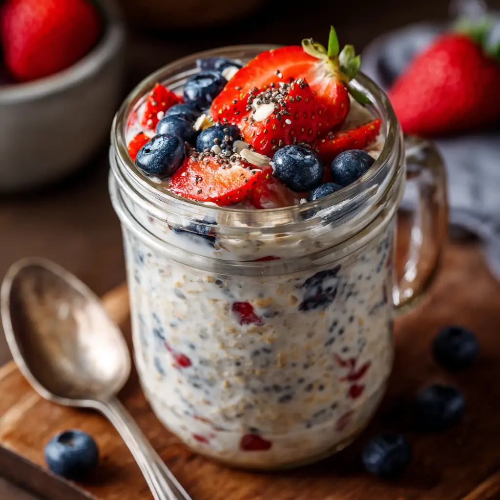 Berry overnight oats with mixed berries and chia seeds