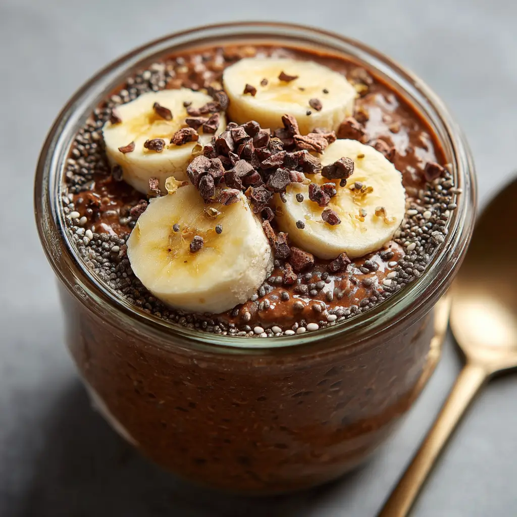Chocolate gluten-free overnight oats with banana and cocoa nibs