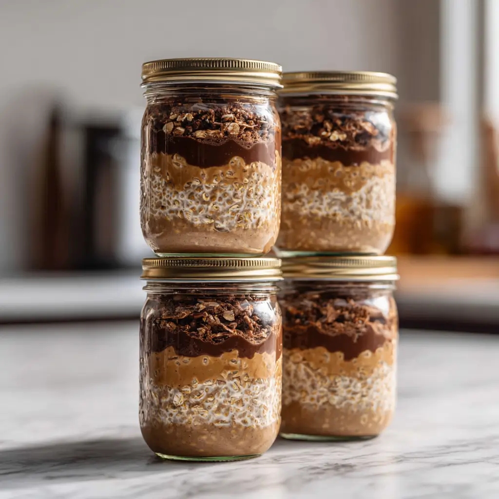 Chocolate peanut butter protein overnight oats meal prep jars in fridge