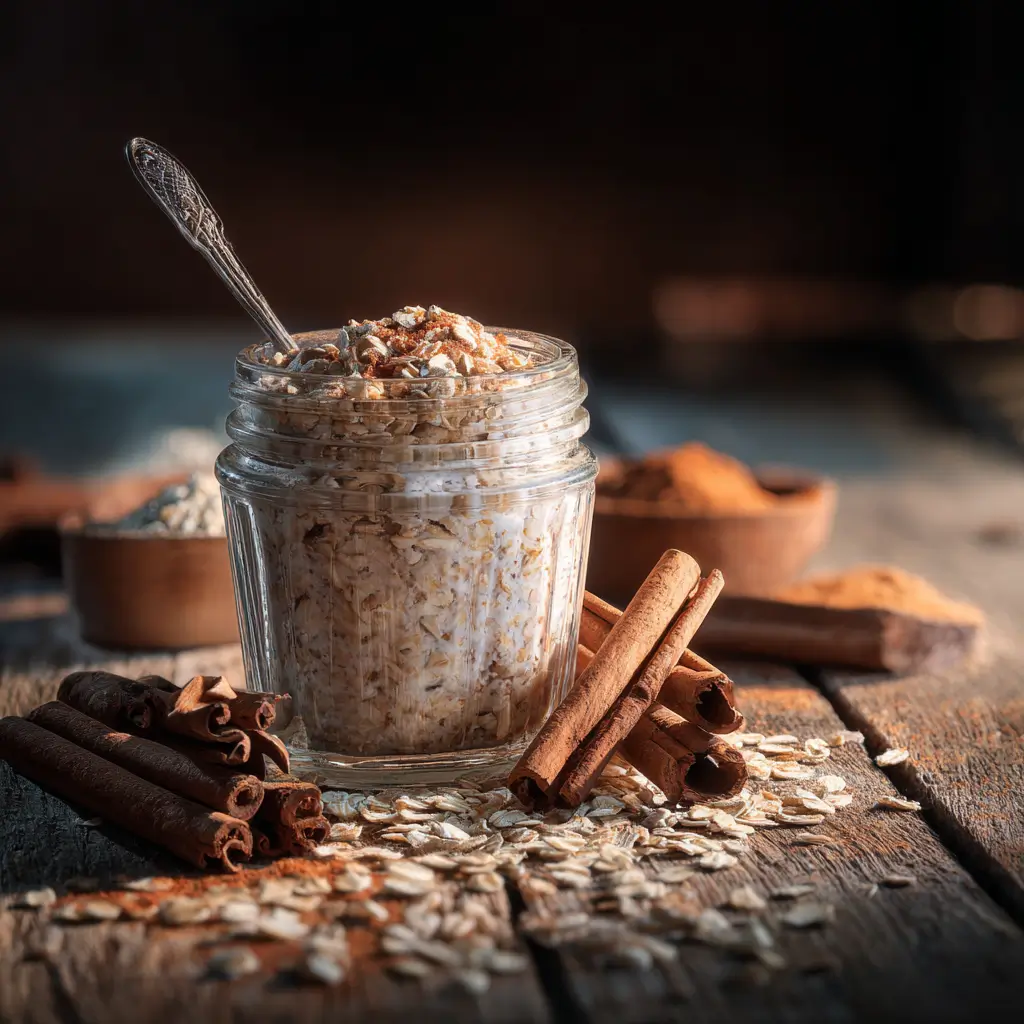 Cinnamon overnight oats breakfast with cinnamon sticks