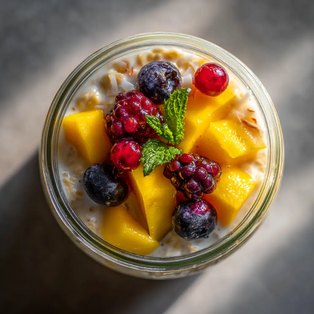 coconut milk overnight oats with mango and berries