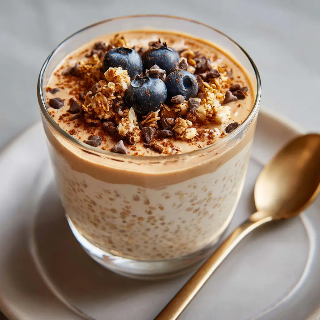 creamy coffee protein overnight oats in a glass jar