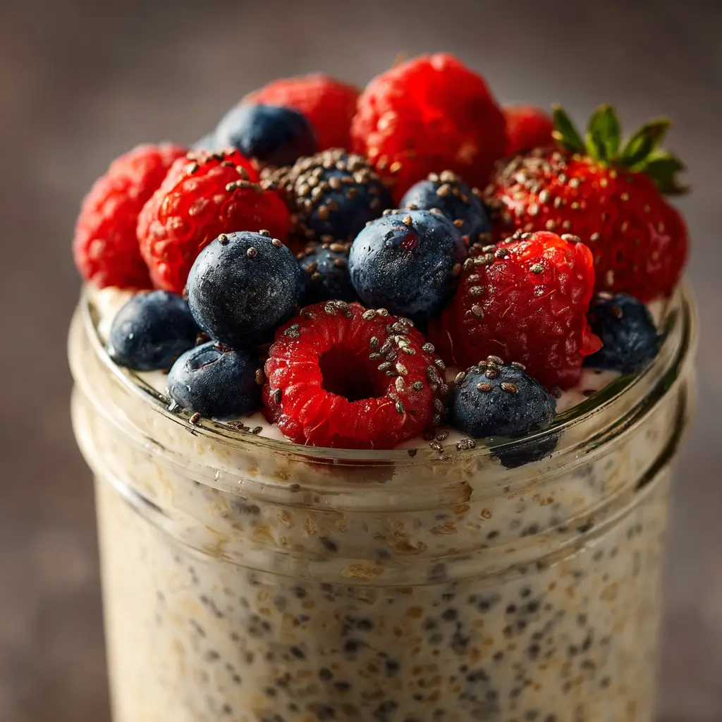 Greek yogurt protein overnight oats in mason jar with berries