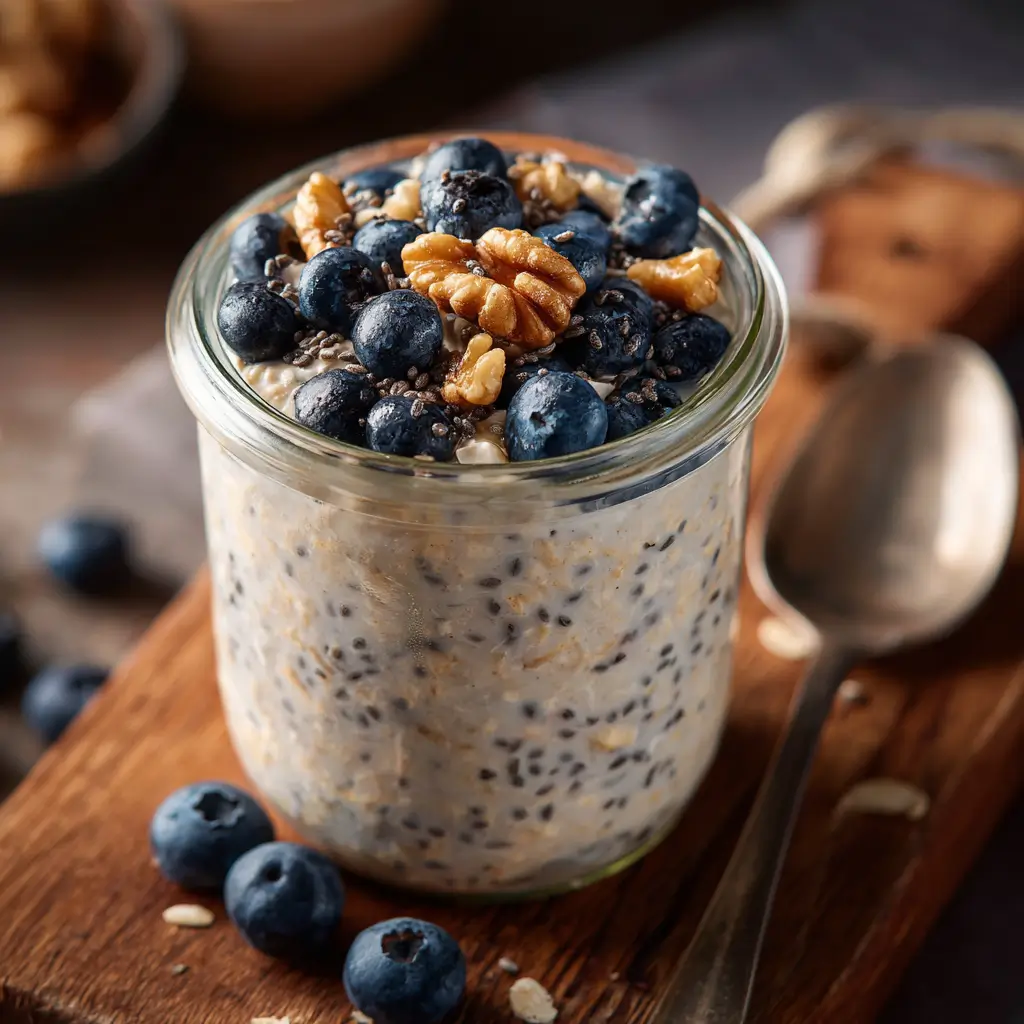 High protein gluten free overnight oats breakfast jar with fruit and nuts