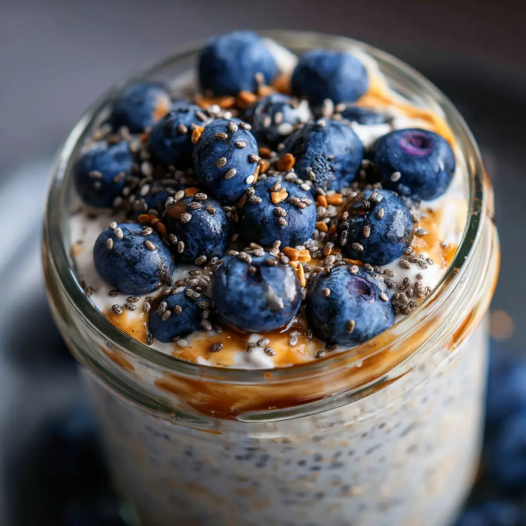 high protein overnight oats for athletes with blueberries and yogurt