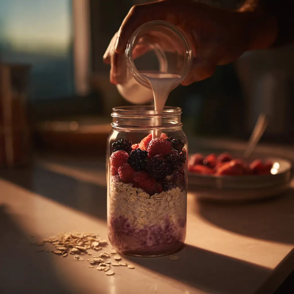 Preparing berry overnight oats for athletes in a glass jar
