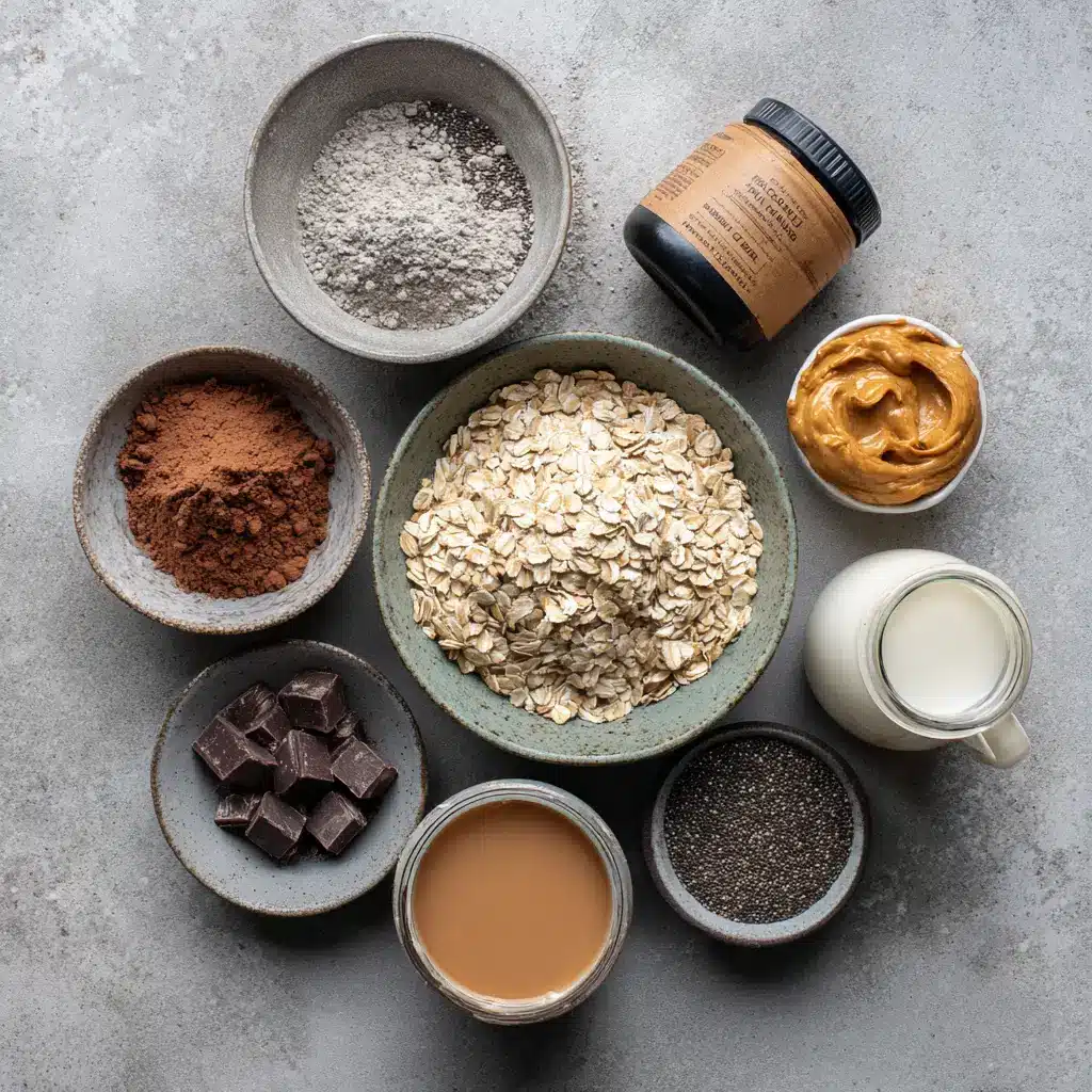 Ingredients for chocolate peanut butter protein overnight oats recipe