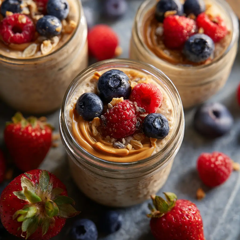 Kid friendly gluten free overnight oats with colorful fruits in jars