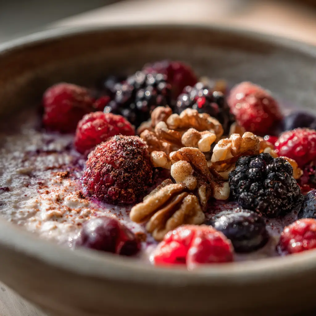 Low GI overnight oats with berries and walnuts