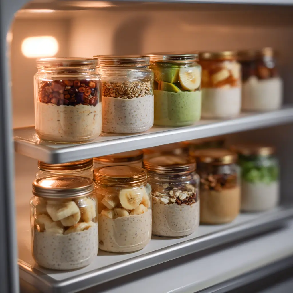 Meal prep jars of banana gluten free overnight oats in fridge.