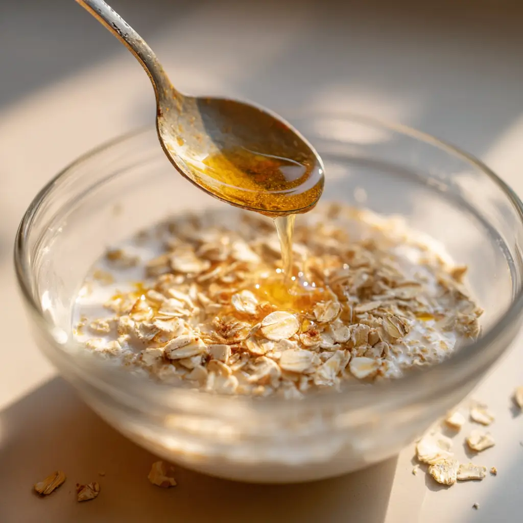 mixing gluten free vegan overnight oats in bowl with almond milk