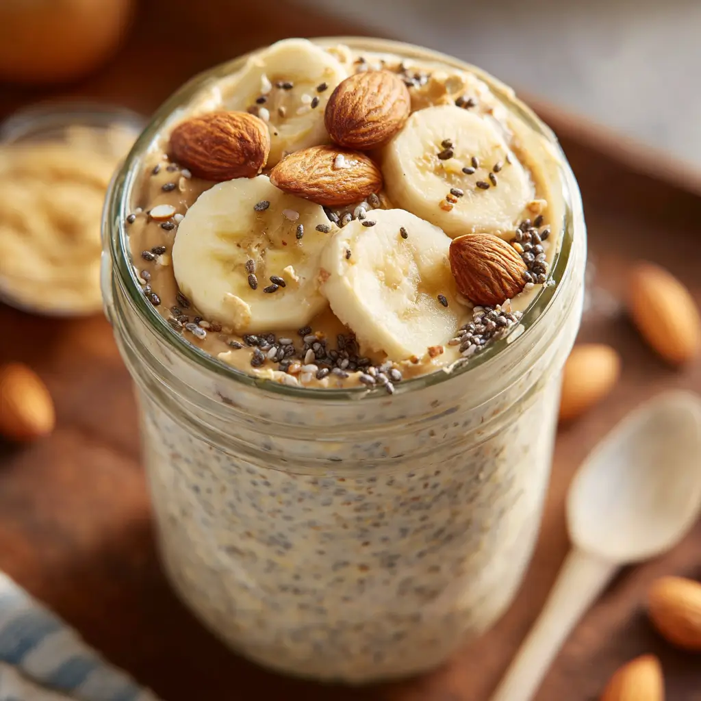 Nut butter overnight oats in jar with banana and nuts