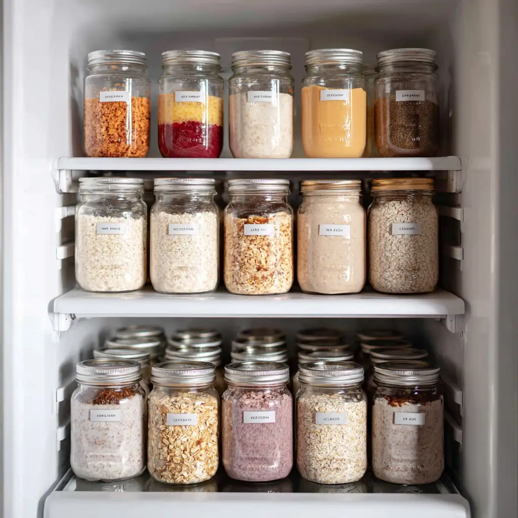 organized fridge with meal prep protein overnight oats jars