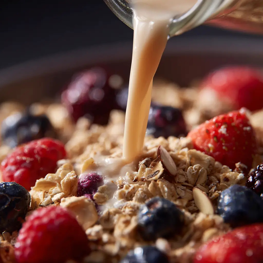 Pouring almond milk into berry gluten-free overnight oats