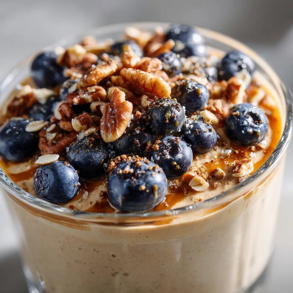serving of coffee protein overnight oats with toppings