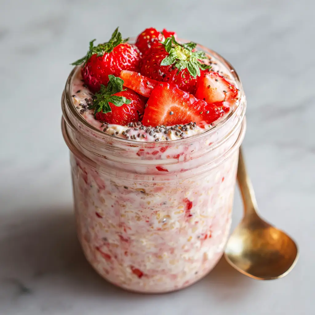 Strawberry protein overnight oats with fresh strawberries in a mason jar