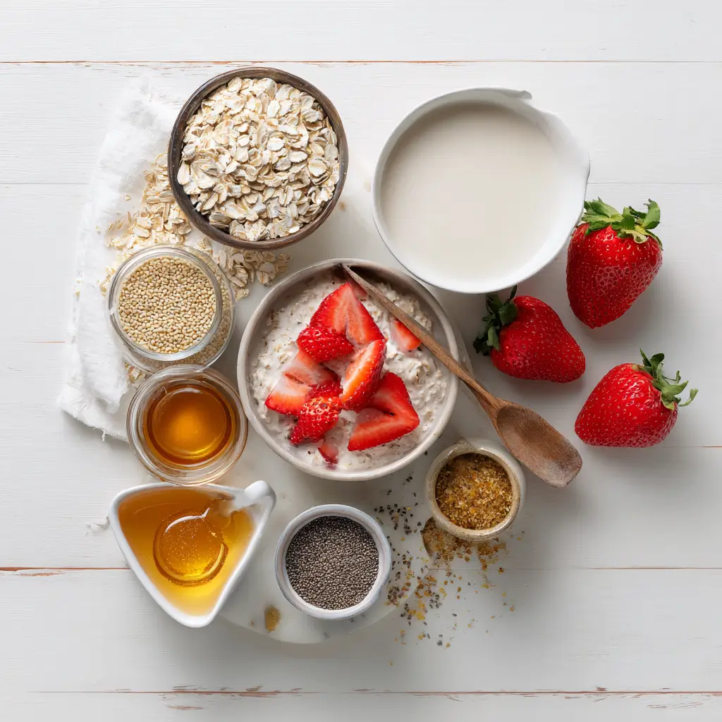Ingredients for strawberry protein overnight oats laid out on table