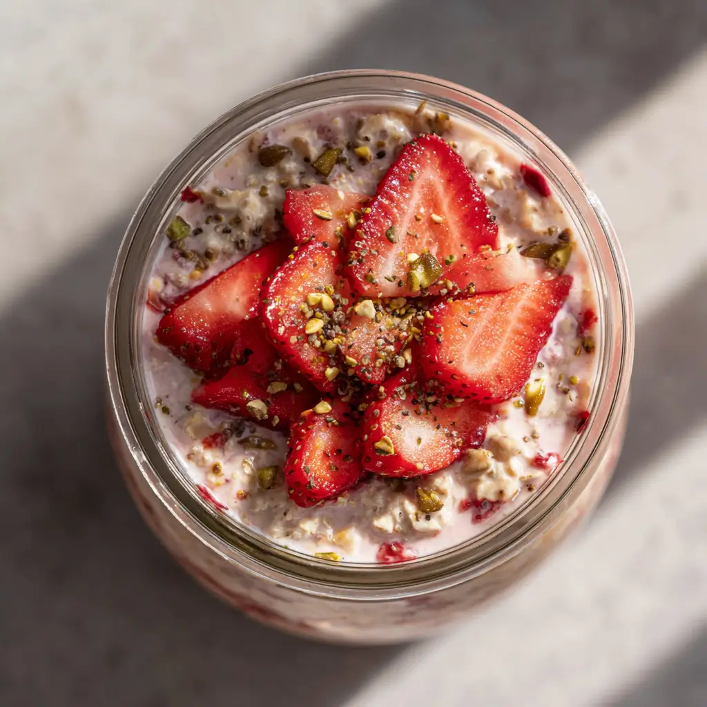 Finished strawberry protein overnight oats topped with strawberries