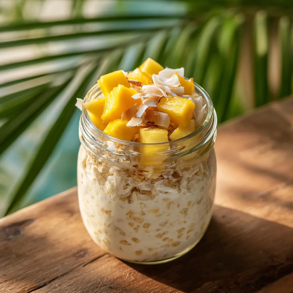 tropical gluten free overnight oats topped with mango, pineapple, and coconut