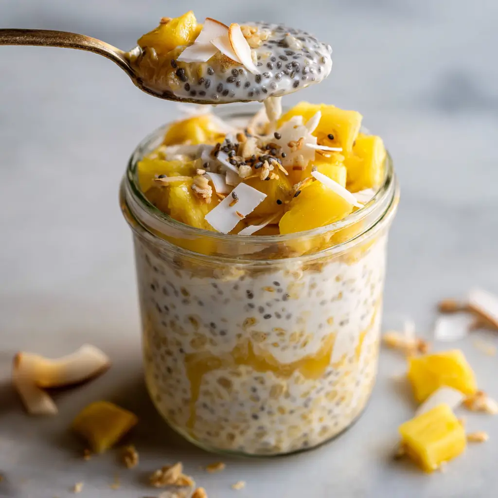 tropical gluten free overnight oats with mango, pineapple, and chia seeds