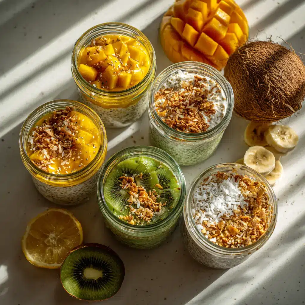 jars of tropical gluten free overnight oats with colorful fruit toppings