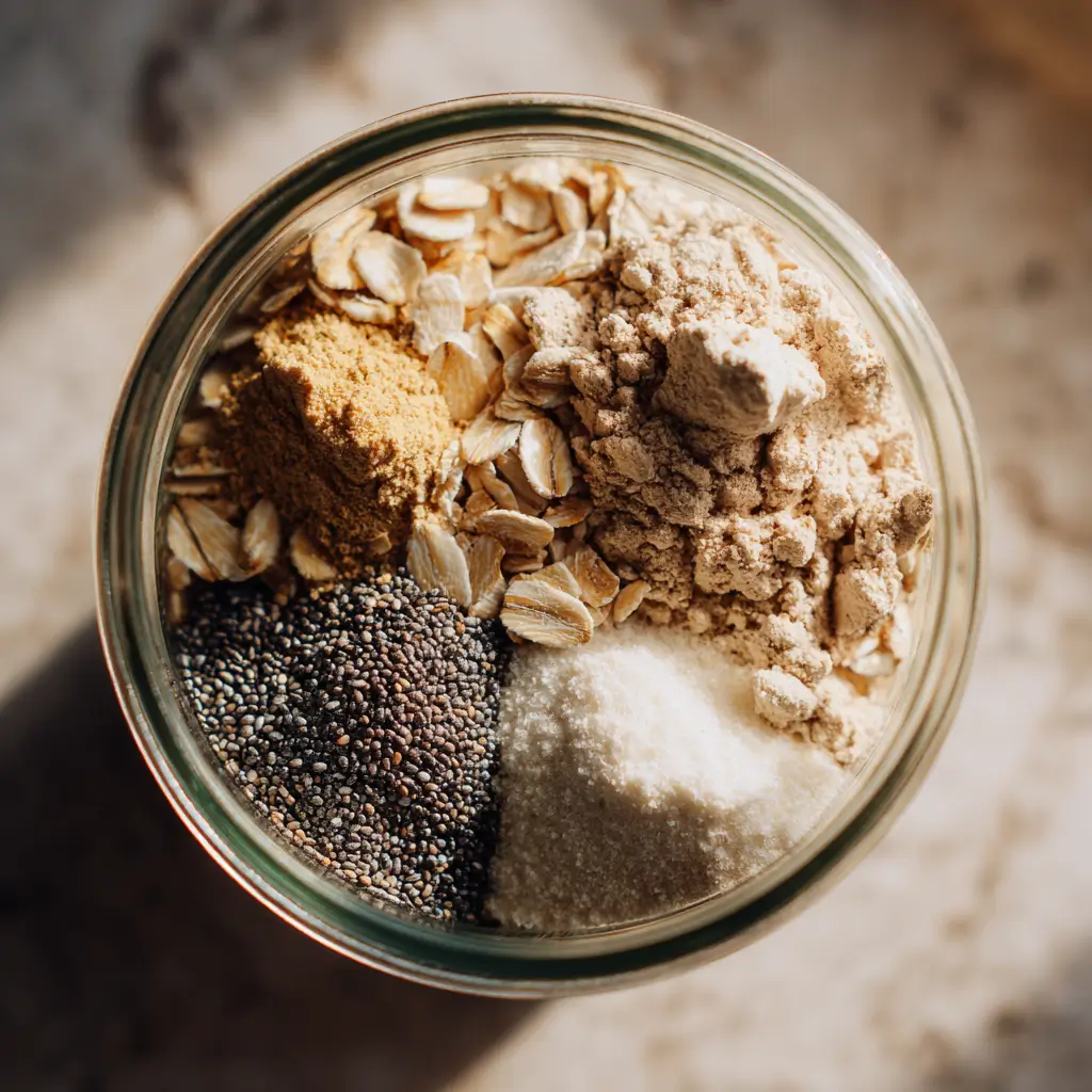 Ingredients for vanilla protein overnight oats with almond milk and chia seeds