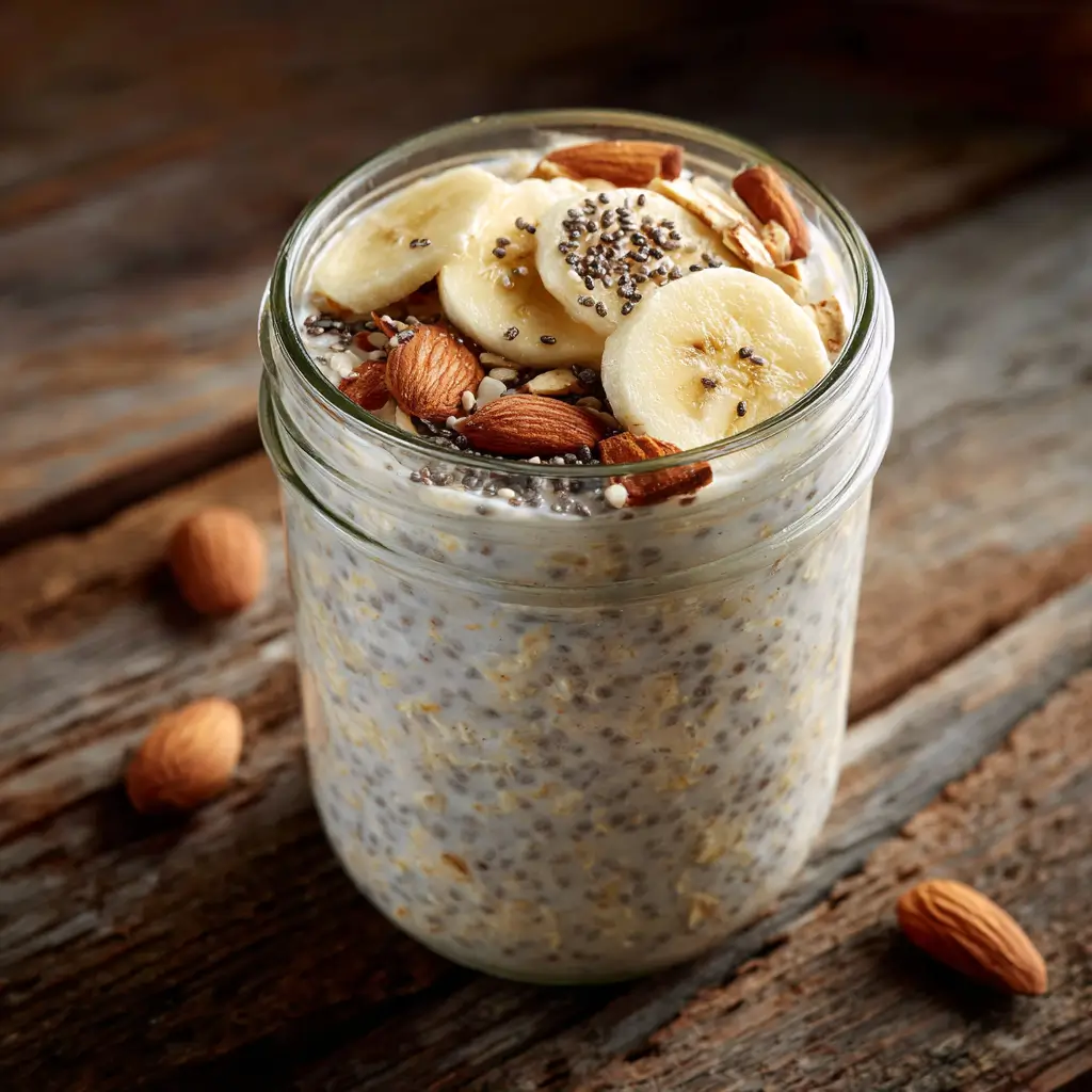 almond milk overnight oats in a glass breakfast jar