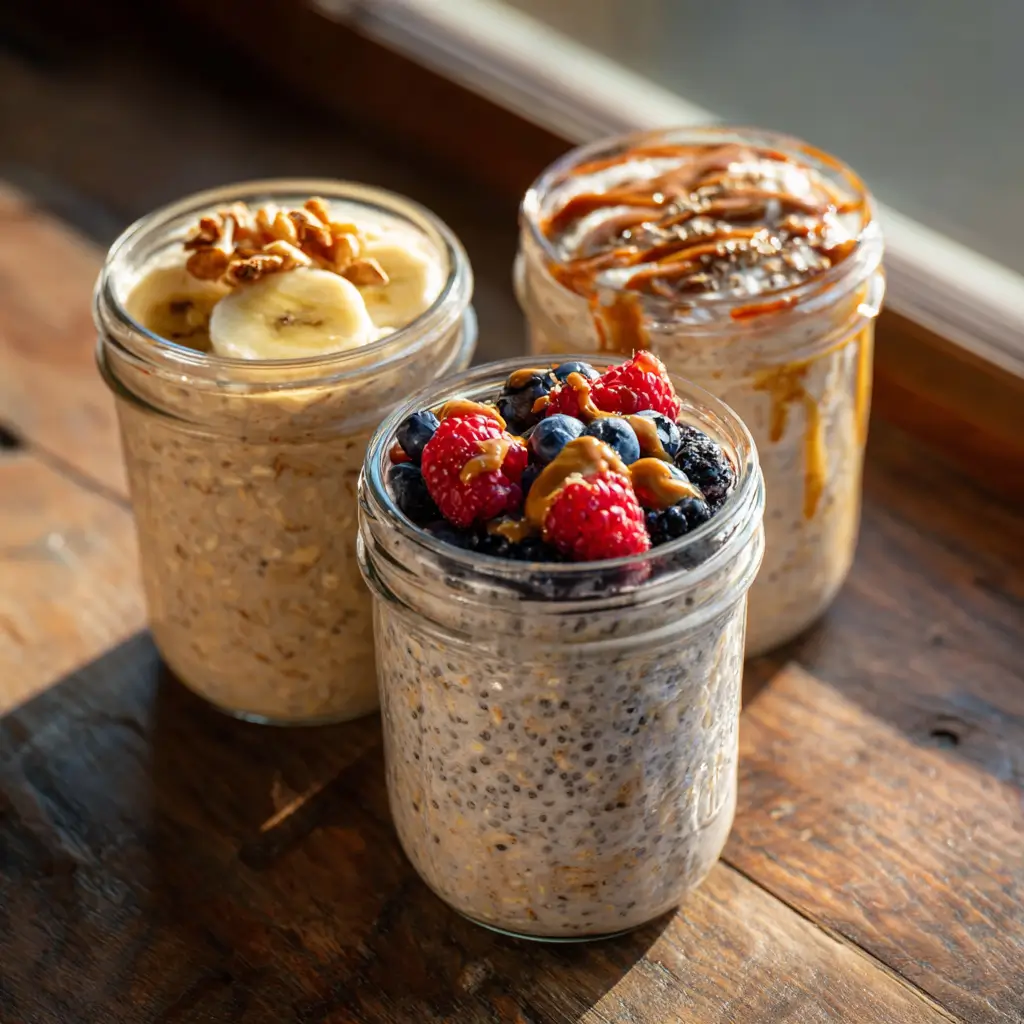 almond milk overnight oats with berries, banana, and almond butter toppings