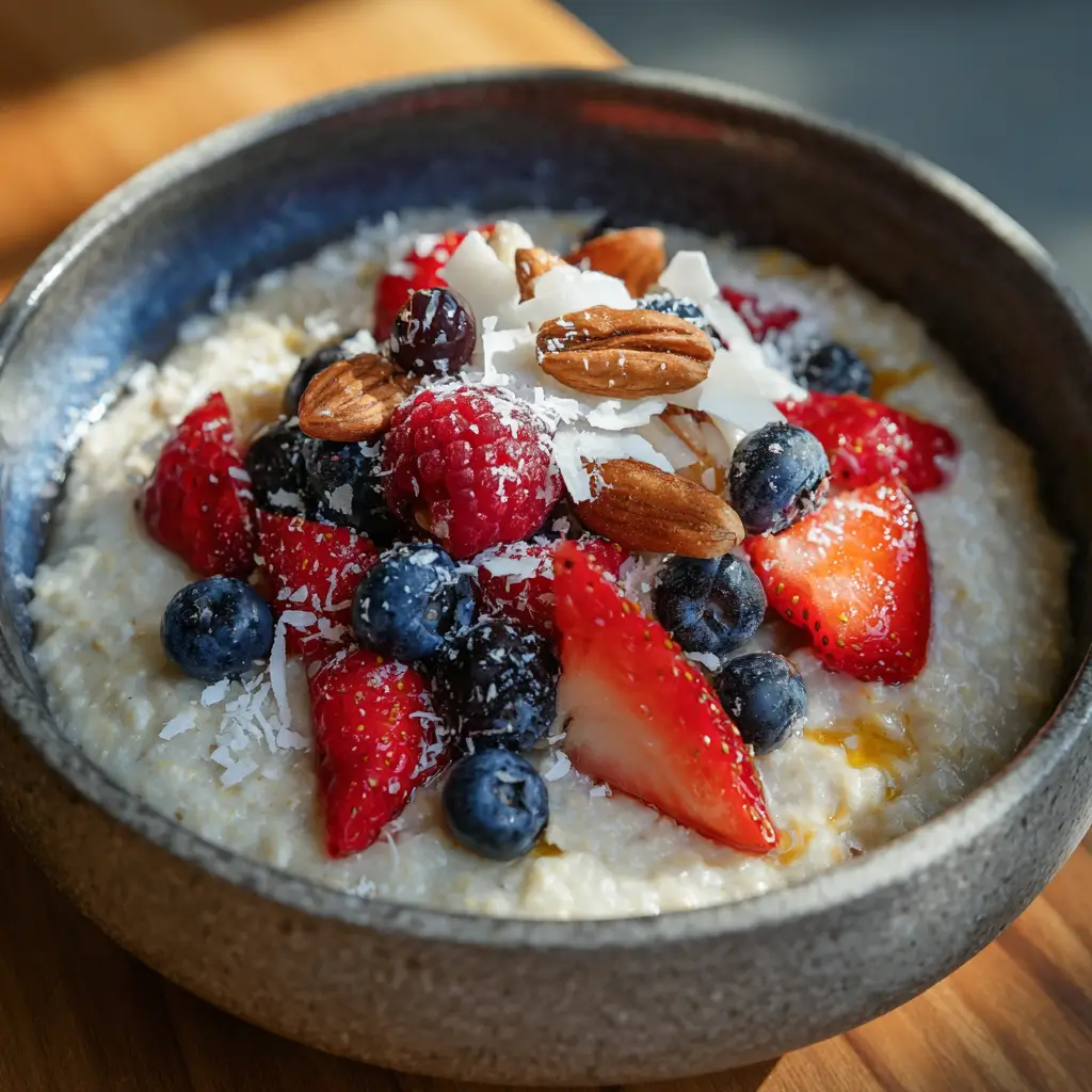 Banana paleo oats with berries and coconut flakes