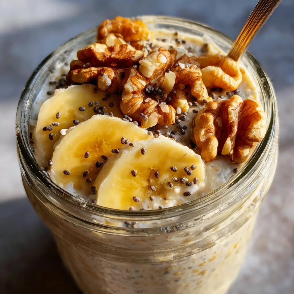 Banana paleo oats with walnuts and chia seeds in a glass jar