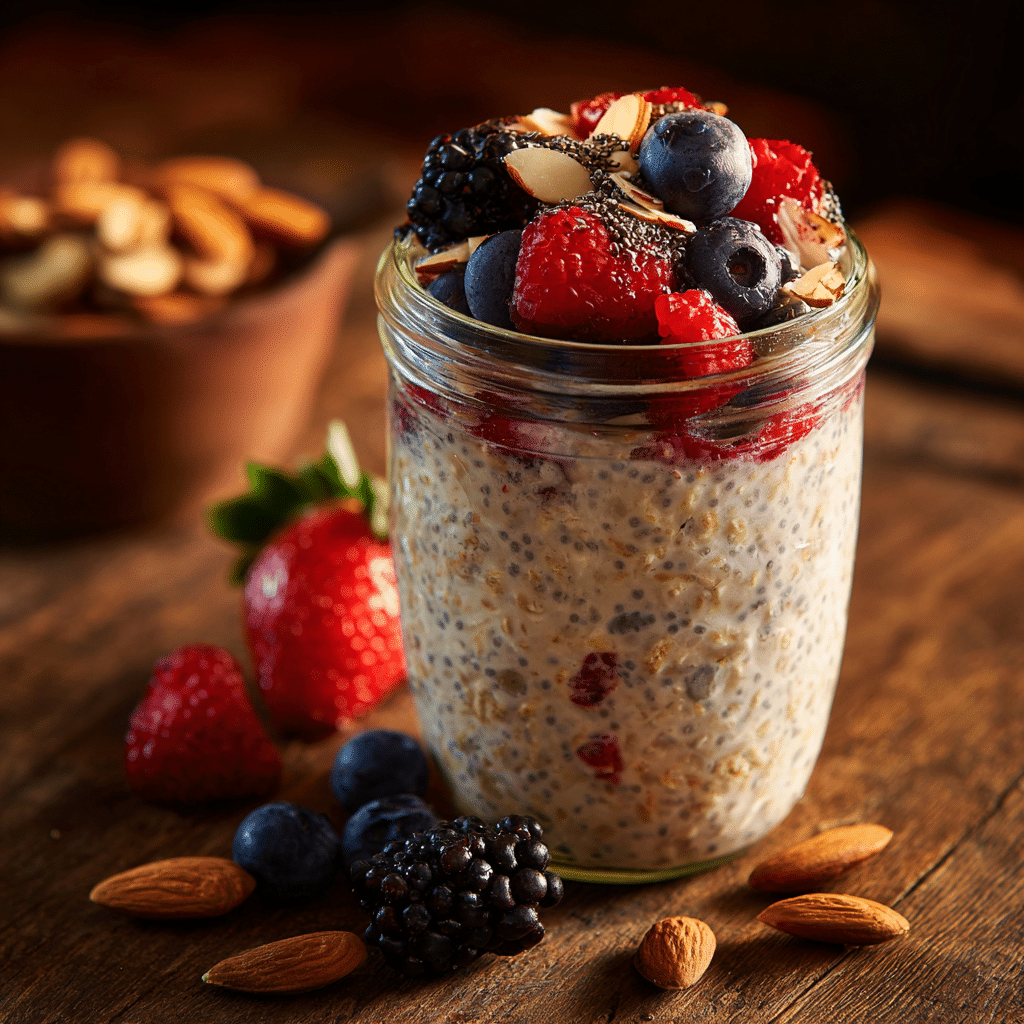 Berry dairy free overnight oats breakfast jar with mixed berries and chia seeds