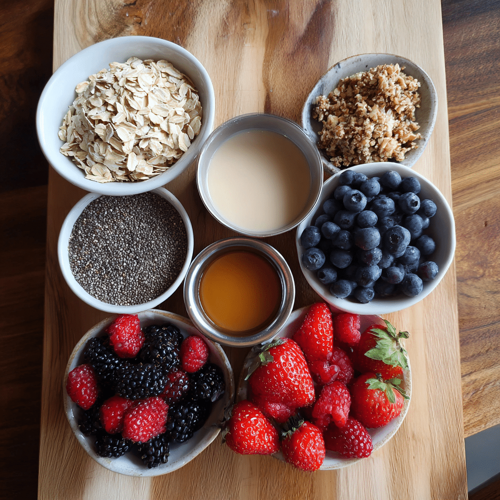 Ingredients for berry dairy free overnight oats including oats, almond milk, and berries