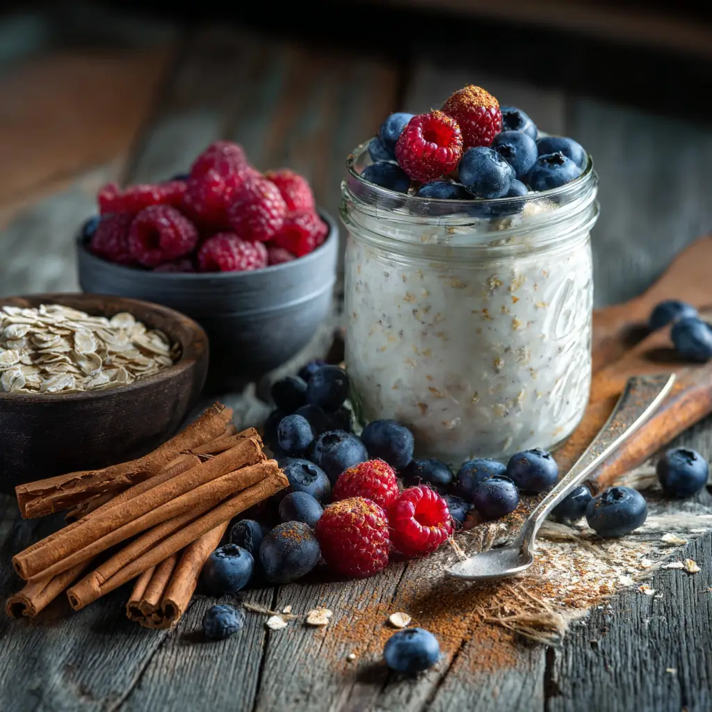 Best overnight oats ingredients for weight loss including oats, chia seeds, yogurt, berries, and cinnamon