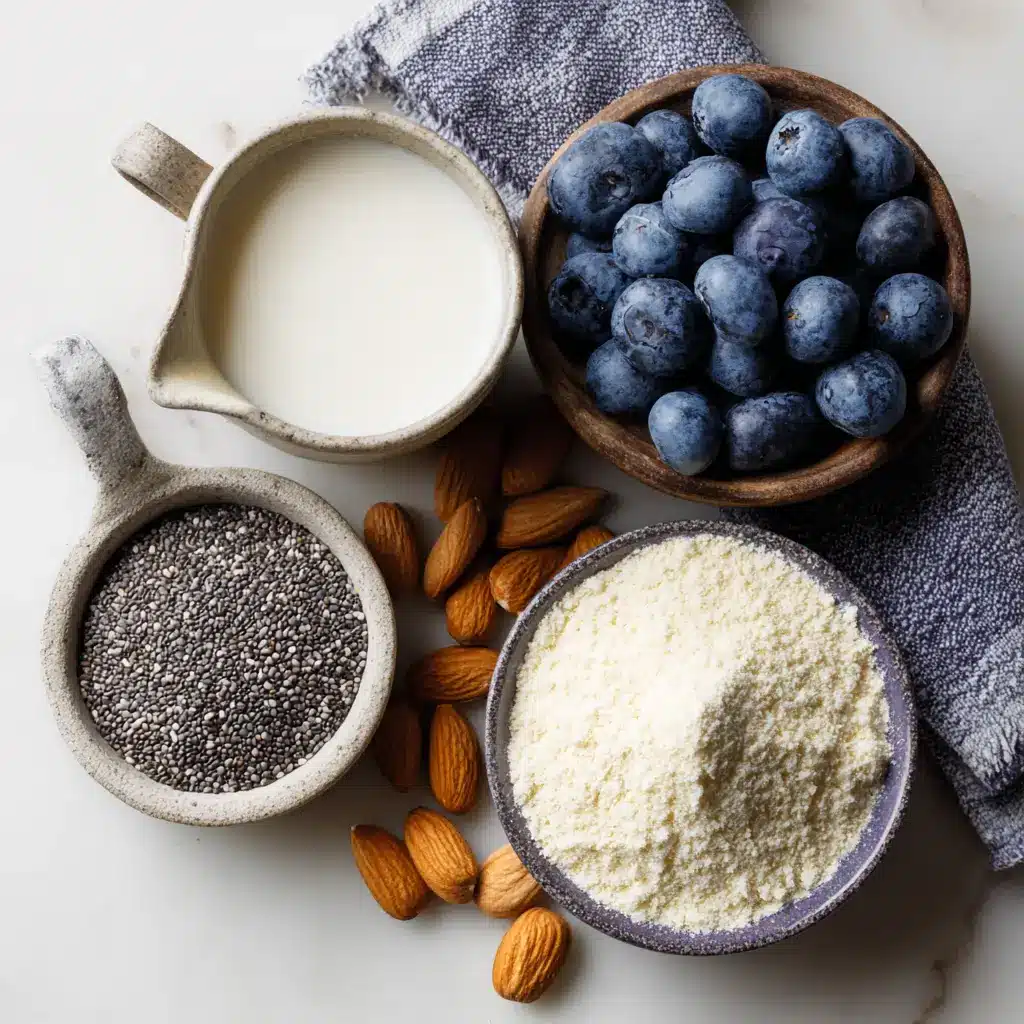 blueberry paleo oats ingredients with coconut milk and chia seeds