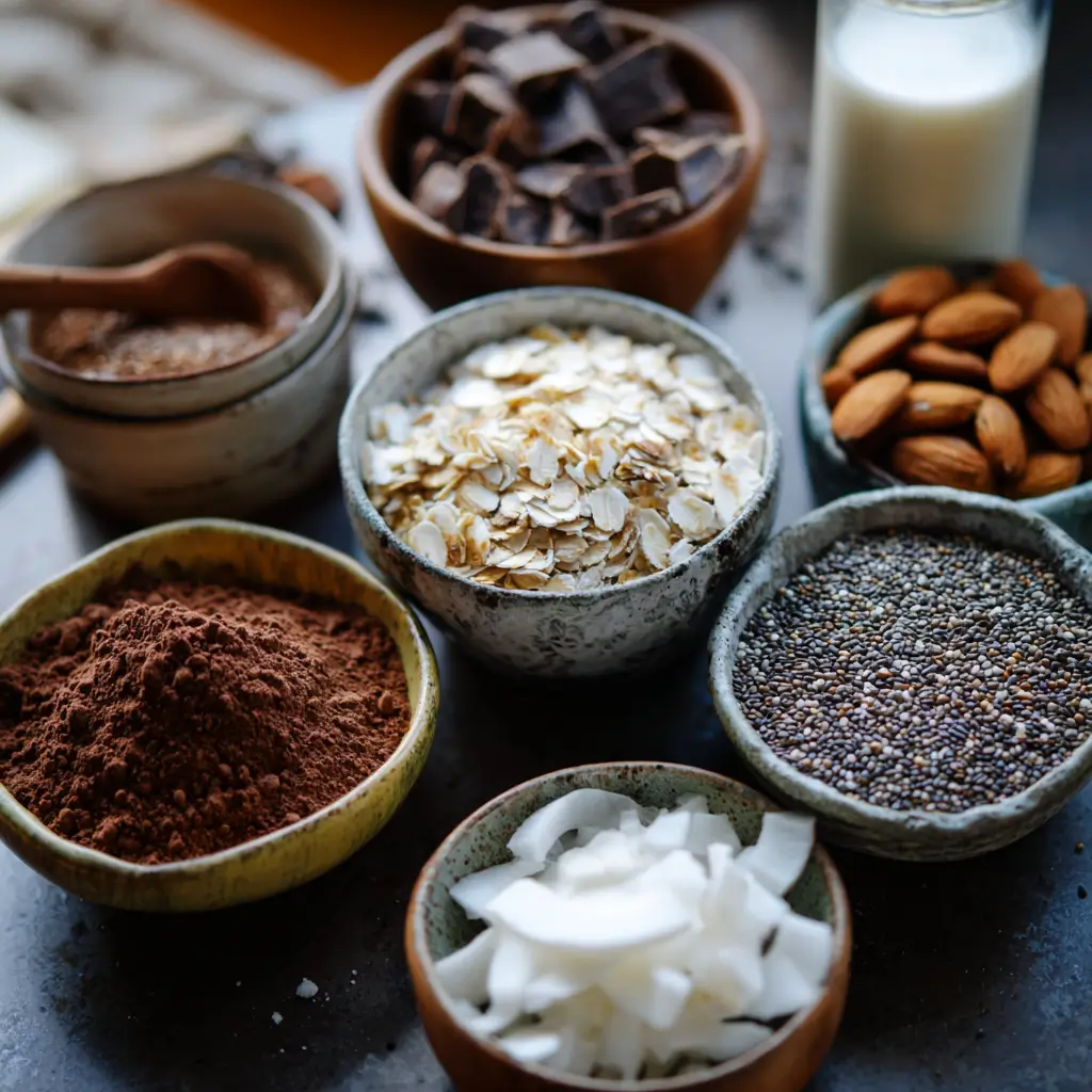 Cacao paleo oats ingredients in small bowls