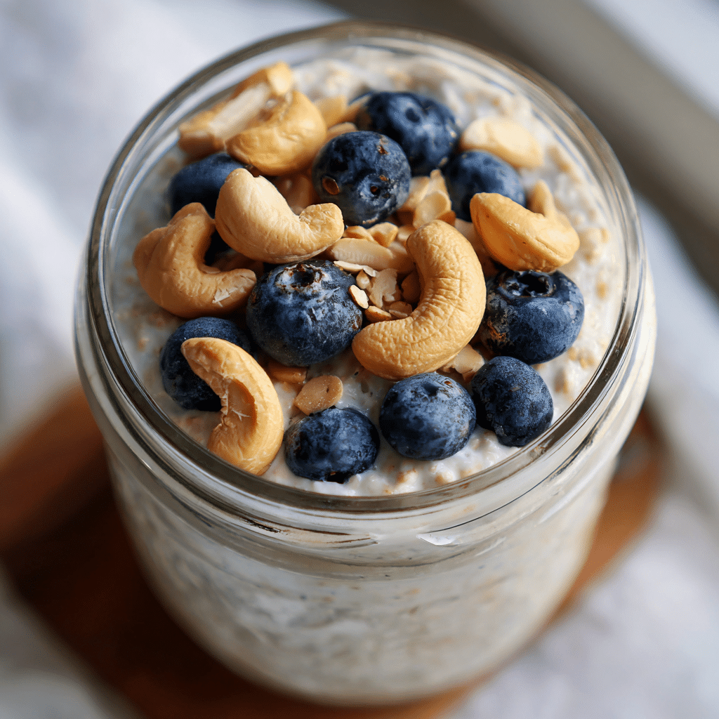 creamy cashew milk overnight oats with blueberries