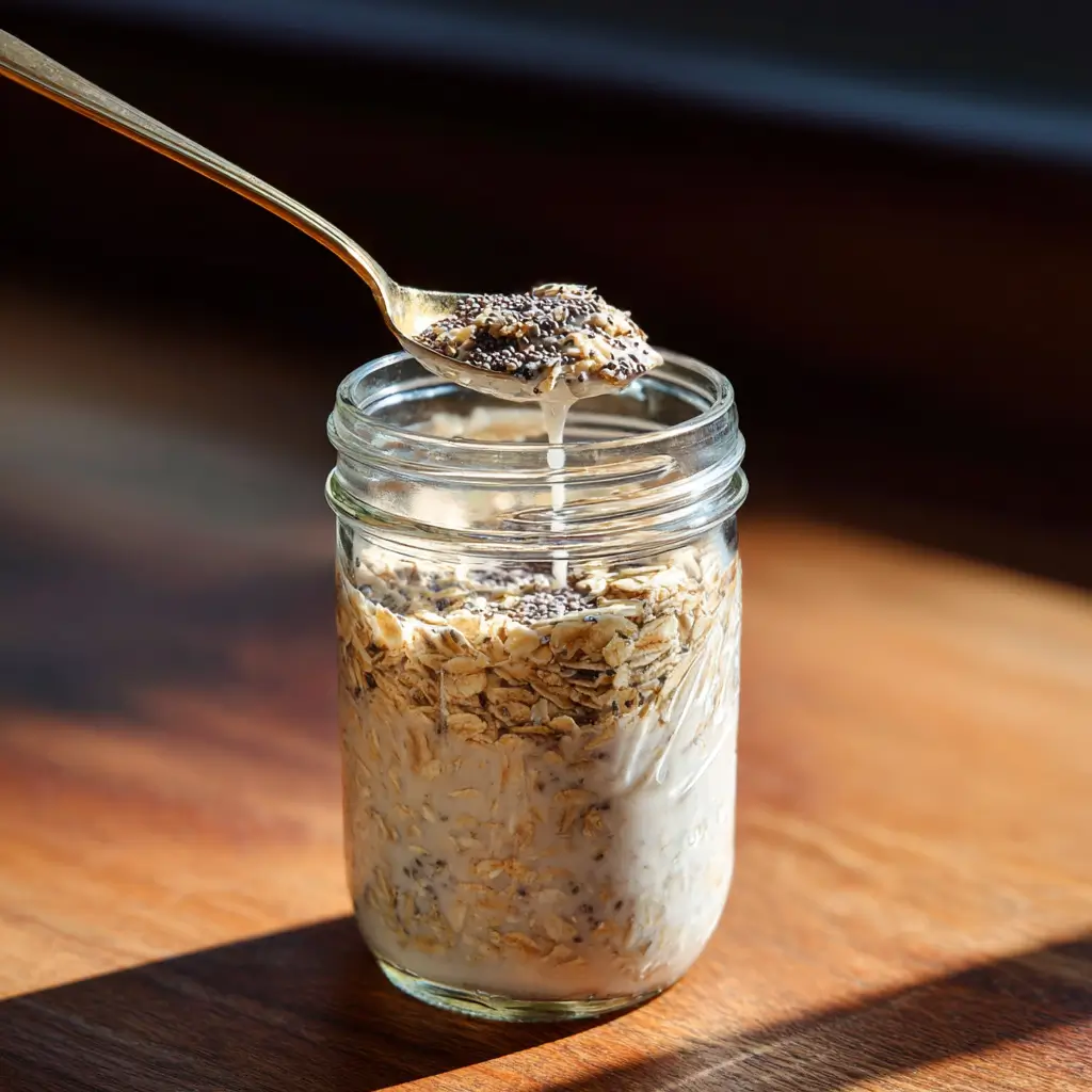 Stirring coconut milk overnight oats mixture in a mason jar