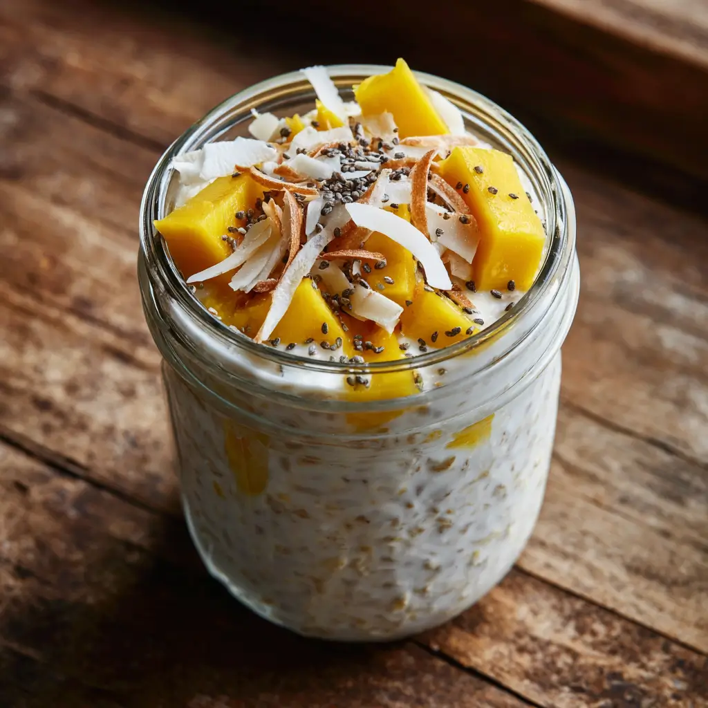 Coconut yogurt overnight oats in a jar with tropical fruits