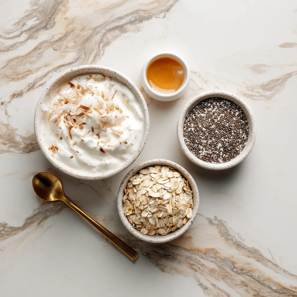 Ingredients for coconut yogurt overnight oats on marble