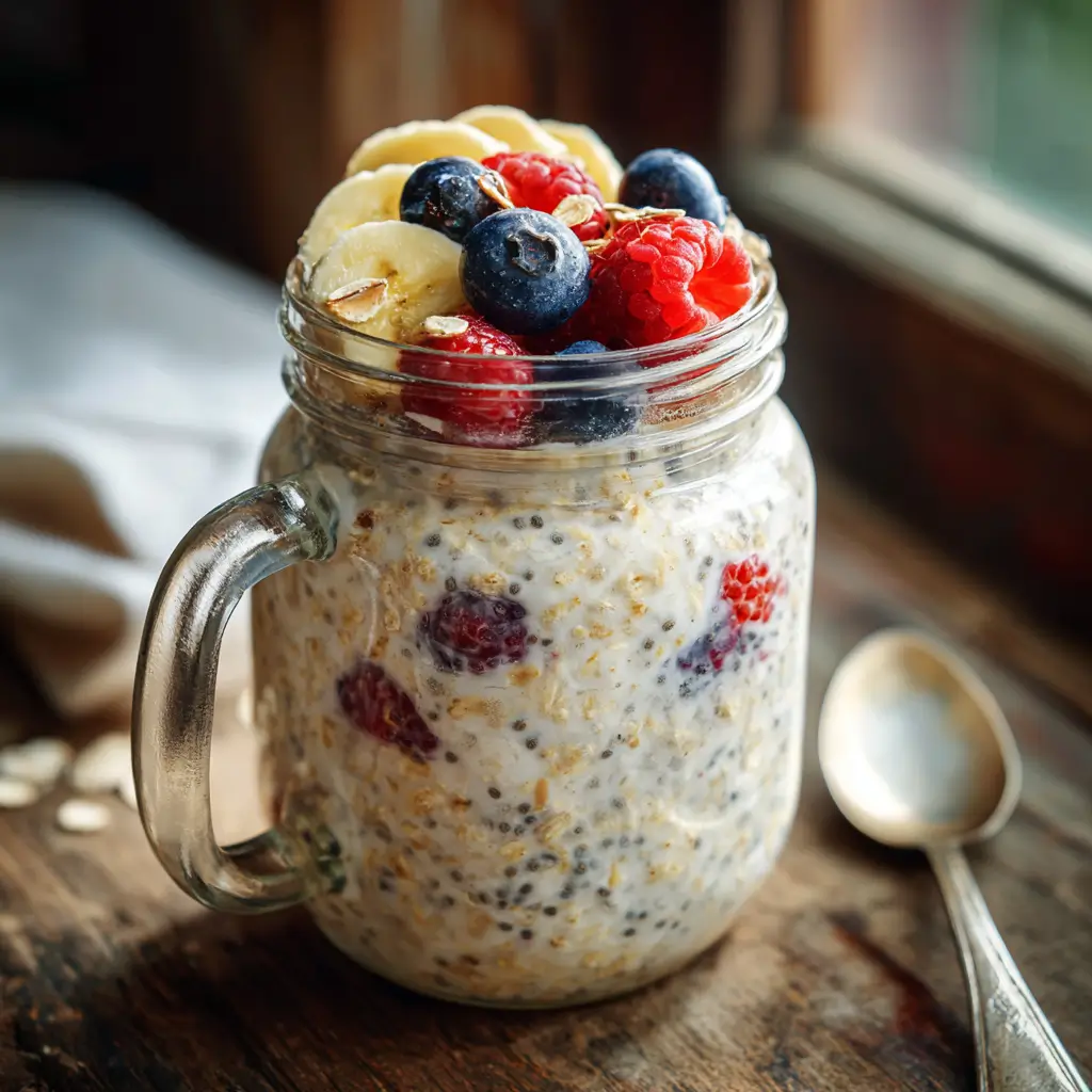 Creamy overnight oats with milk and berries in a mason jar breakfast