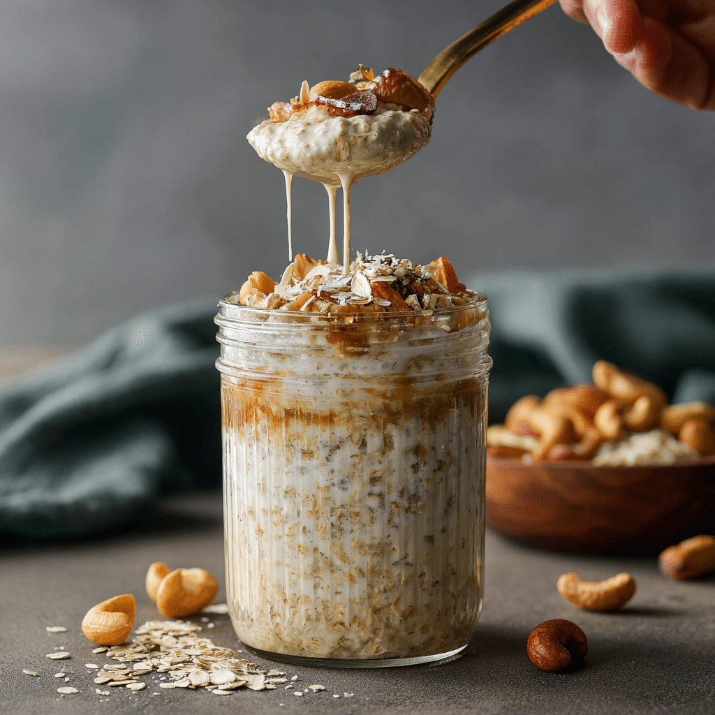 spoonful of creamy cashew milk overnight oats