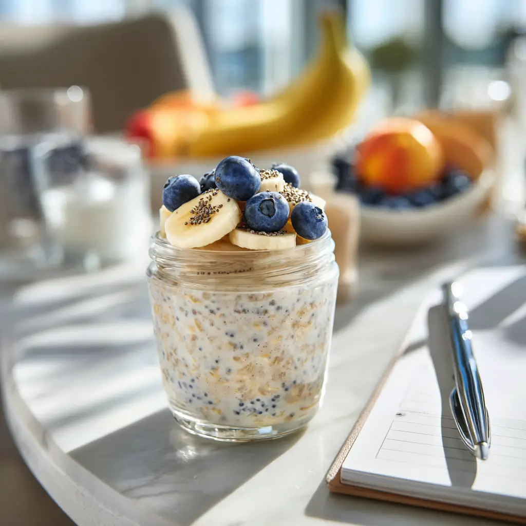 Overnight oats for weight loss with blueberries and banana next to a nutrition expert’s notes