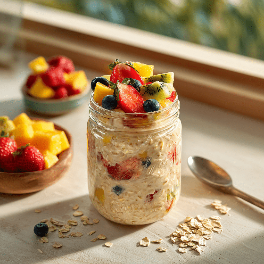fruit overnight oats WW friendly with strawberries, kiwi, blueberries, and mango