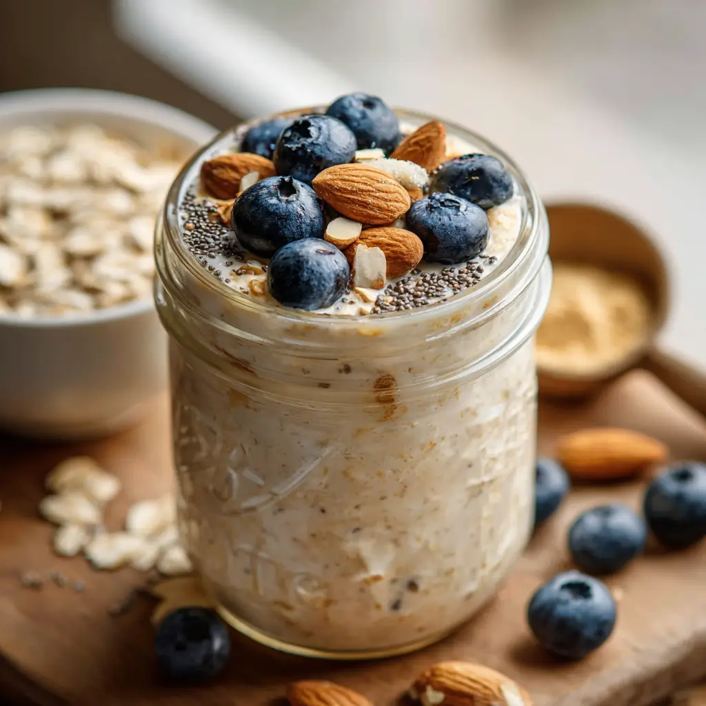 High protein overnight oats for weight loss topped with blueberries and almonds