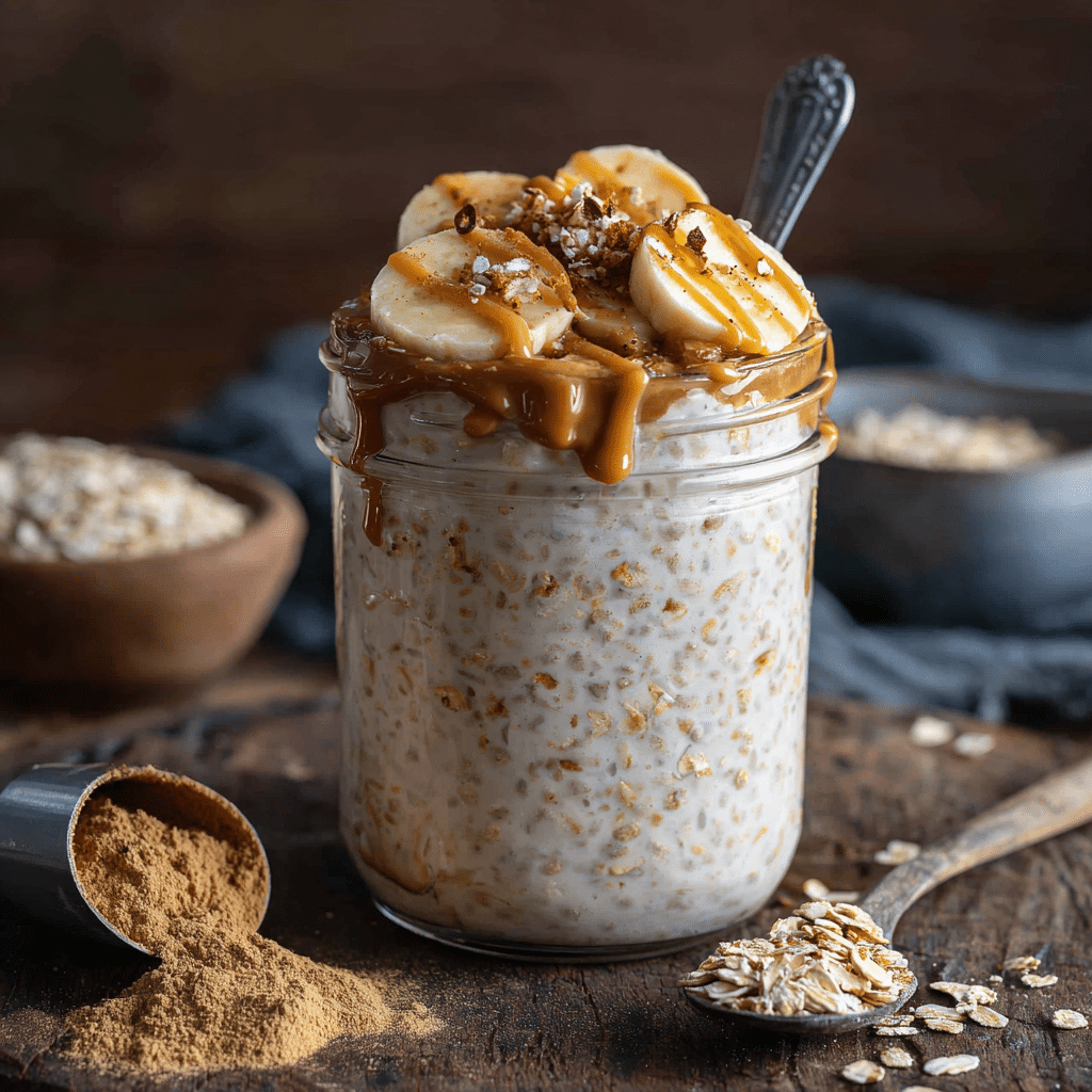 high protein WW overnight oats with banana and almond butter